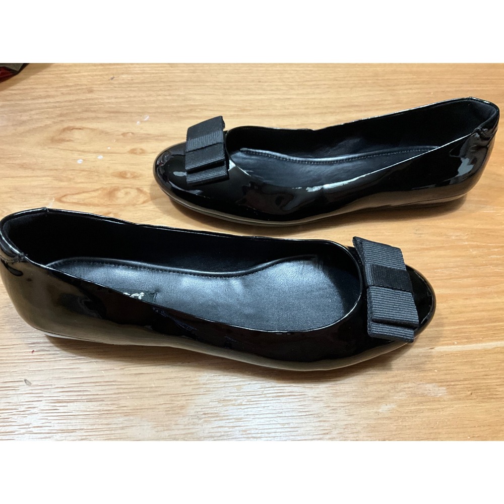 ECCO Womens Black Patent Leather Bow Ballet Flats Round Toe Shoes Size 41